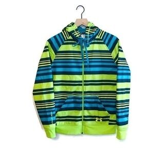 UA Under Armour Tech Semi Fitted Blue Green Stripe Zip Hoodie Sweatshirt Small